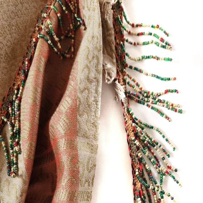 OLA'S GARDEN Brown and orange scarf with green and orange tassels