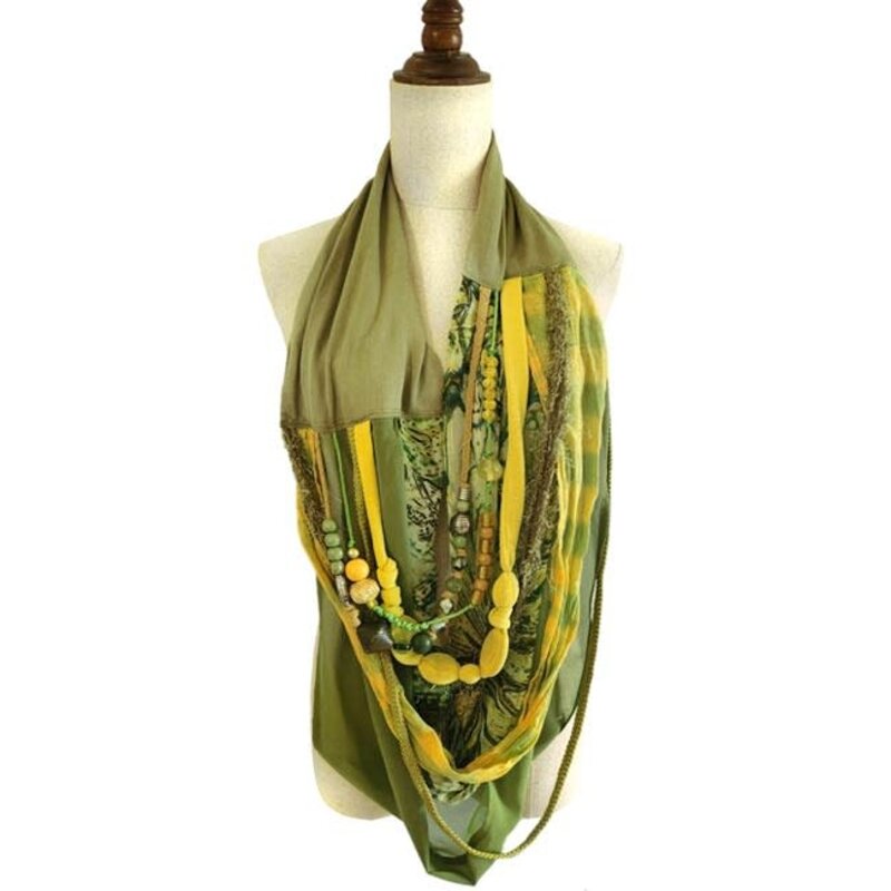 OLA'S GARDEN Ropes of love, Green Fabric necklace with yellow beads