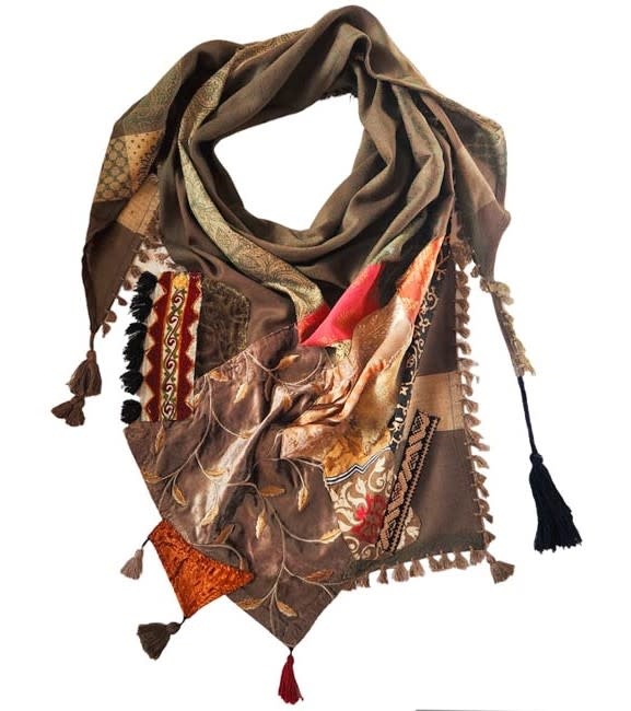 OLA'S GARDEN Brown and olive green scarf with orange  and red details