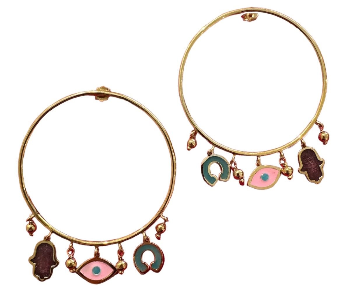 LUBNA SAFADI Multi Charm Silver Gold Plated Hoop Earrings