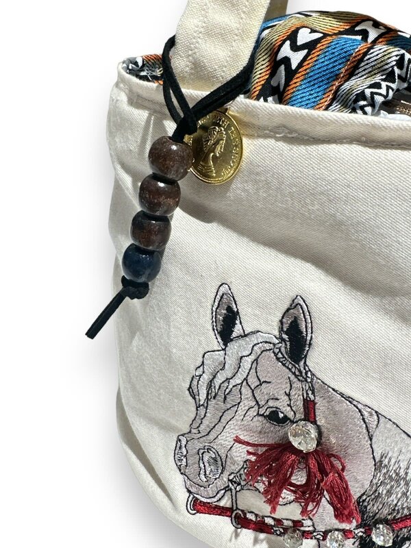 SOAP N A SACK Embroidered Horse white and Blue Sadu Bucket Bag