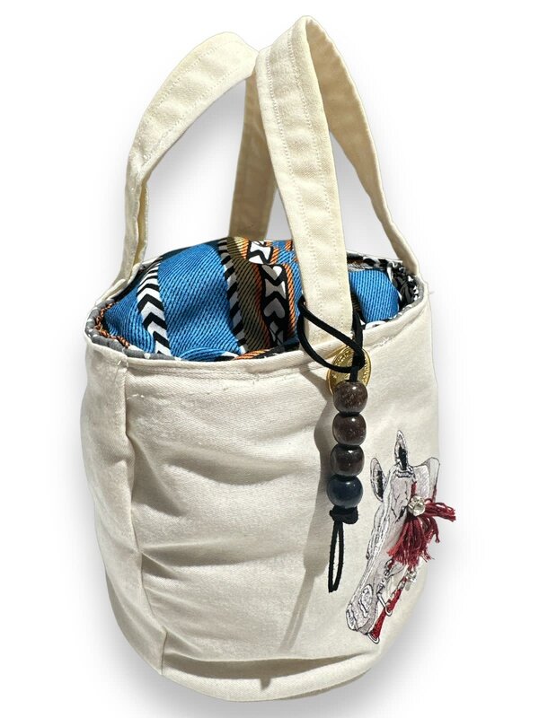 SOAP N A SACK Embroidered Horse white and Blue Sadu Bucket Bag