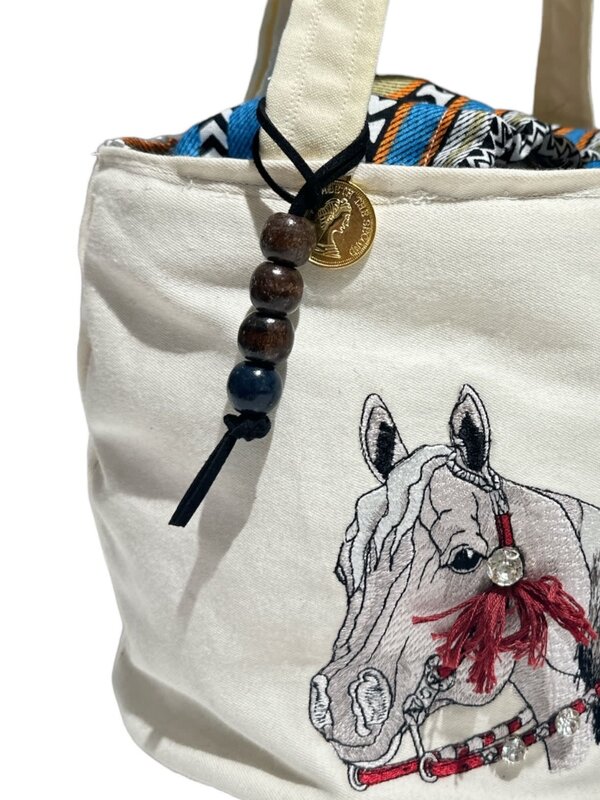 SOAP N A SACK Embroidered Horse white and Blue Sadu Bucket Bag