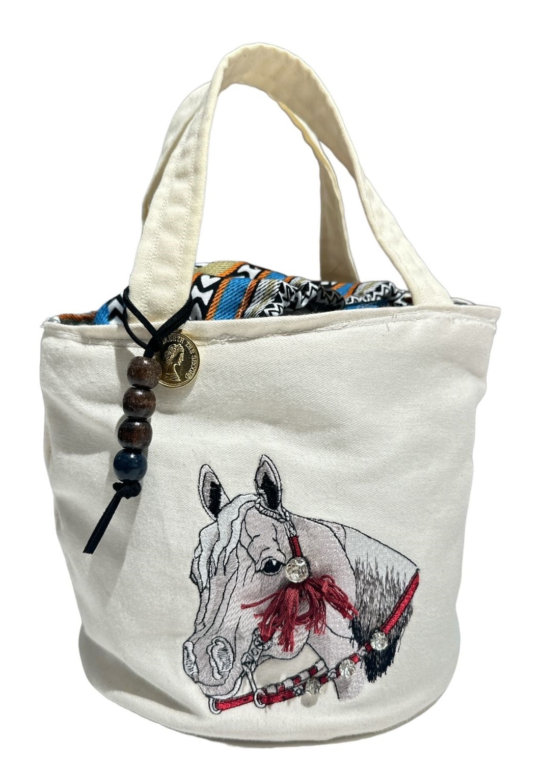 SOAP N A SACK Embroidered Horse white and Blue Sadu Bucket Bag