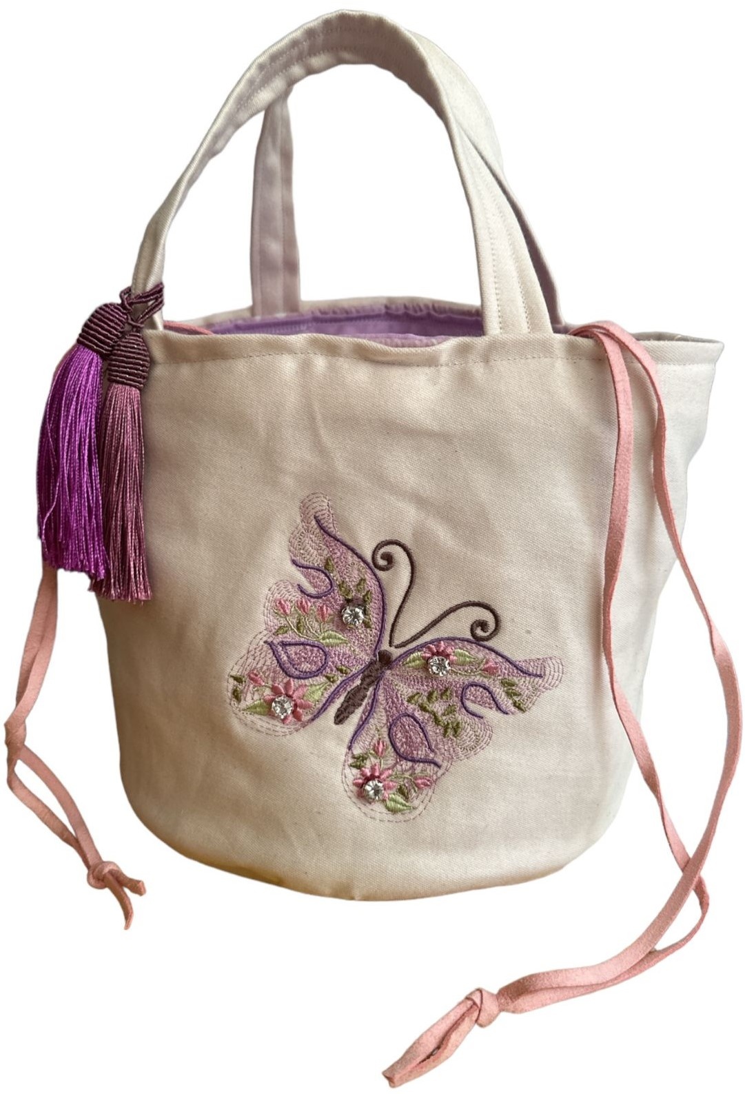 SOAP N A SACK Embroidered Butterfly white and purple Bucket Bag