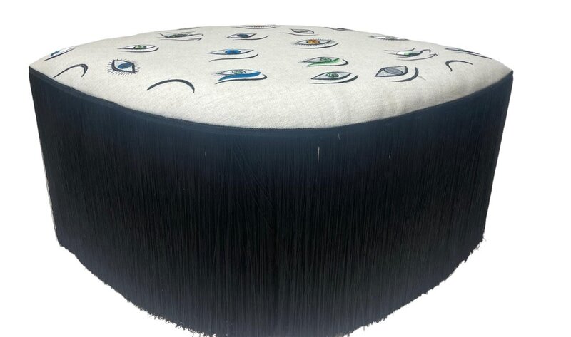 ROCKNRULA Big Embroidered Beige Eyes Ottoman with Black Tassels