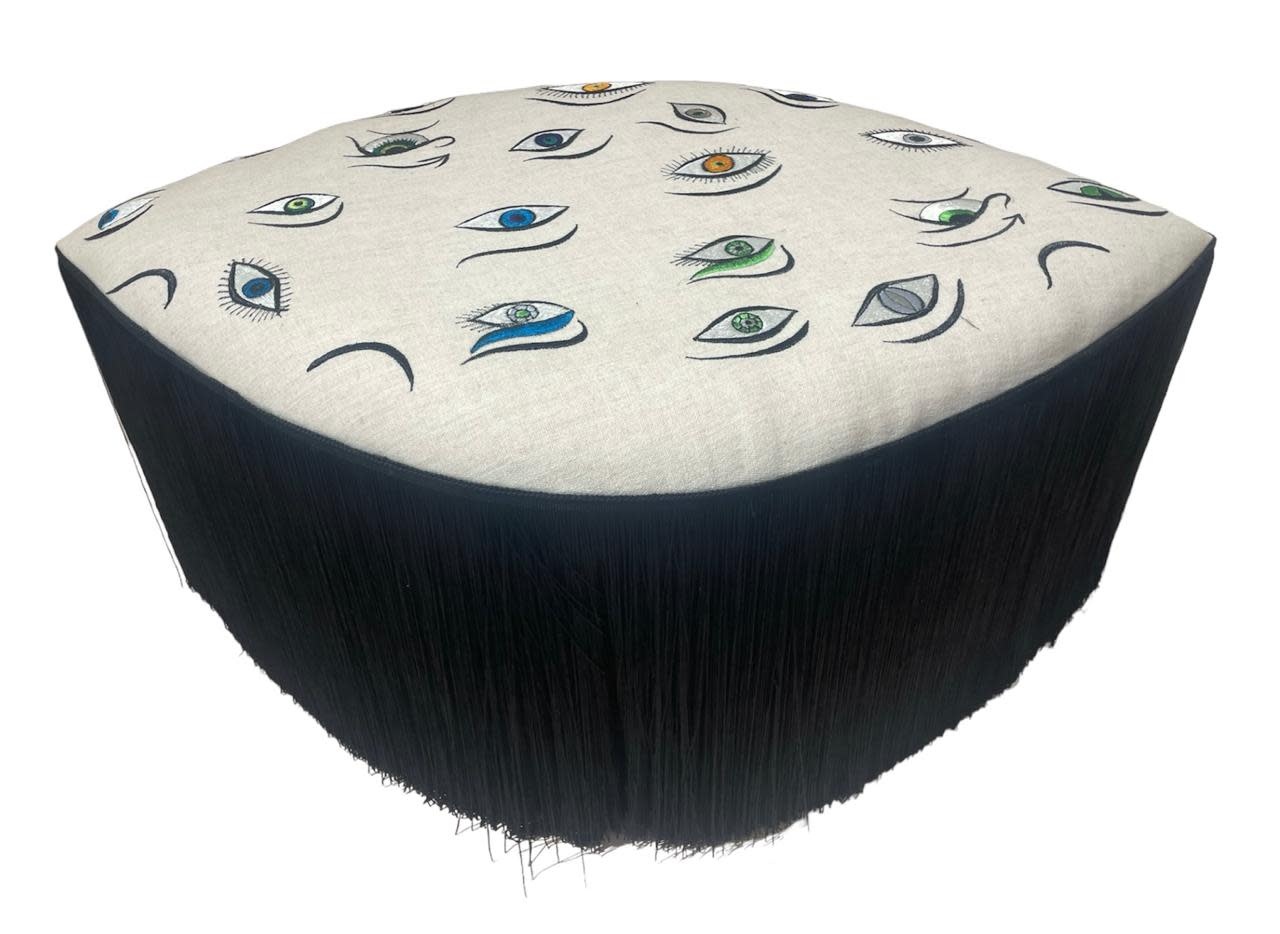 ROCKNRULA Big Embroidered Beige Eyes Ottoman with Black Tassels