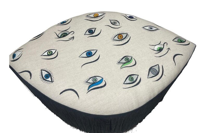 ROCKNRULA Big Embroidered Beige Eyes Ottoman with Black Tassels