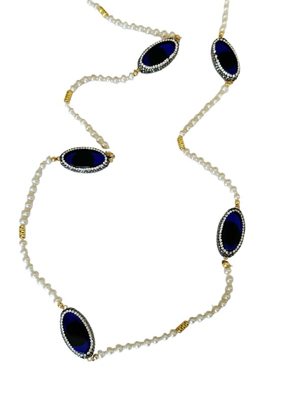 SUHA DESIGN Long pearl necklace with Blue Agte