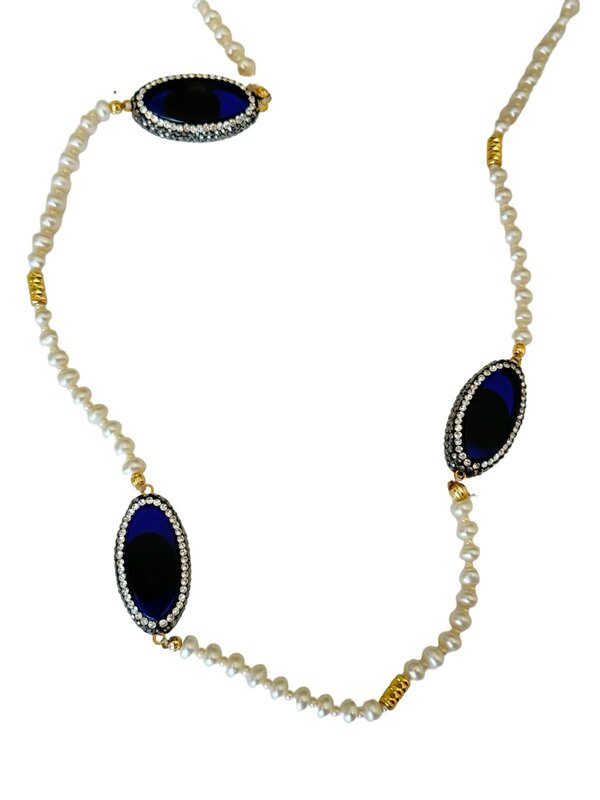 SUHA DESIGN Long pearl necklace with Blue Agte