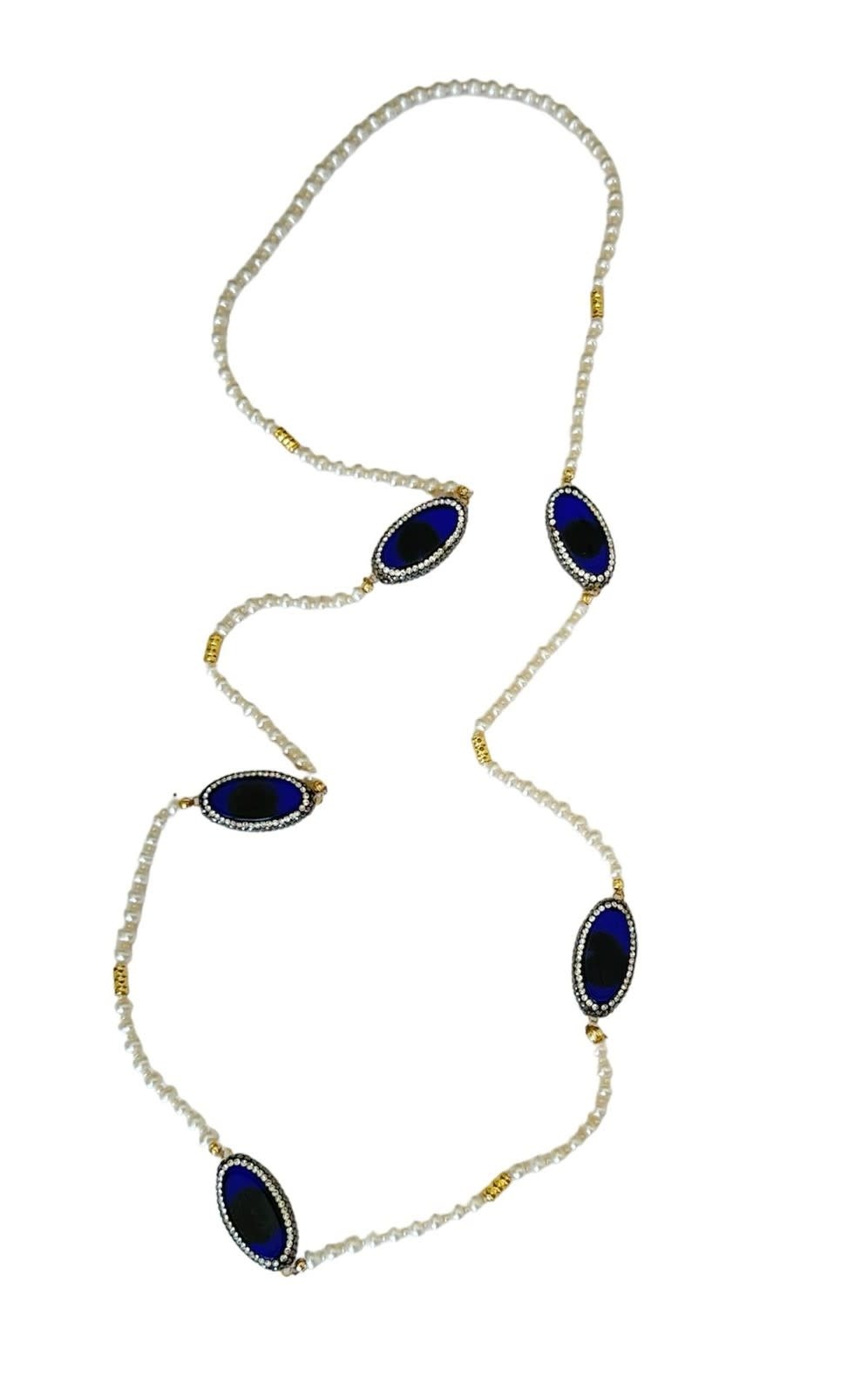 SUHA DESIGN Long pearl necklace with Blue Agte