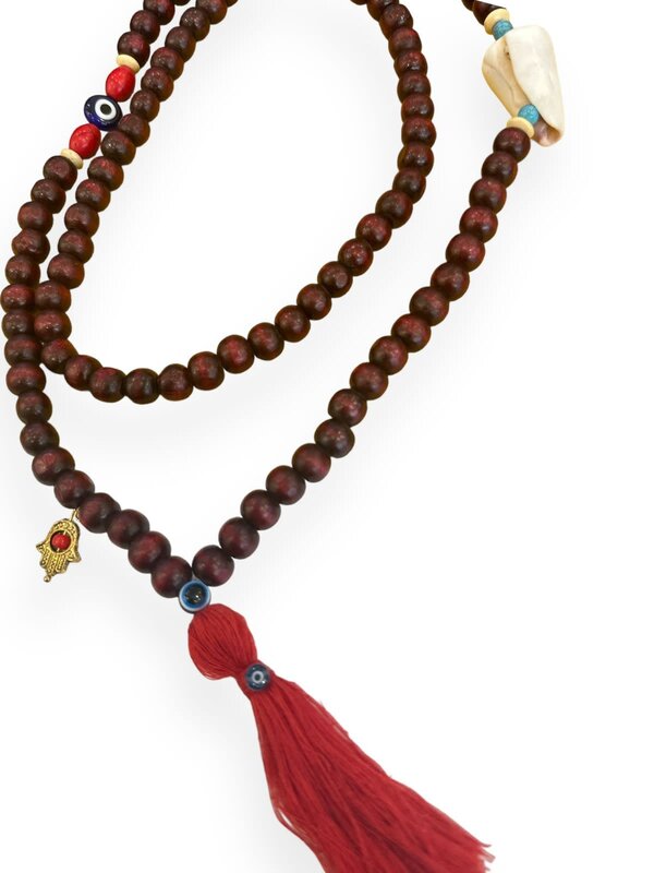 BY RAFAH Brown Prayer Beads with Evil Eye and Red Tassel