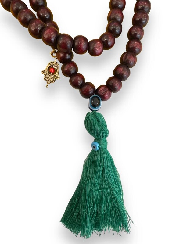 BY RAFAH Brown Prayer Beads with Evil Eye and GreenTassel