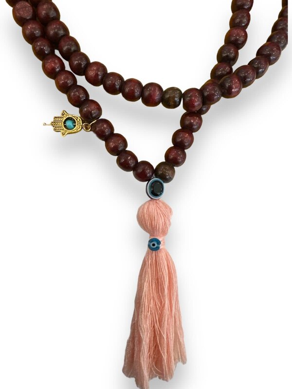 BY RAFAH Brown Prayer Beads with Evil Eye and Baby Pink Tassel