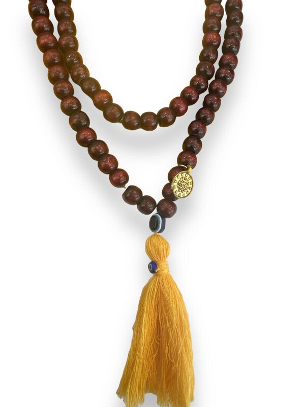 BY RAFAH Brown Prayer Beads with Evil Eye and Yellow Tassel