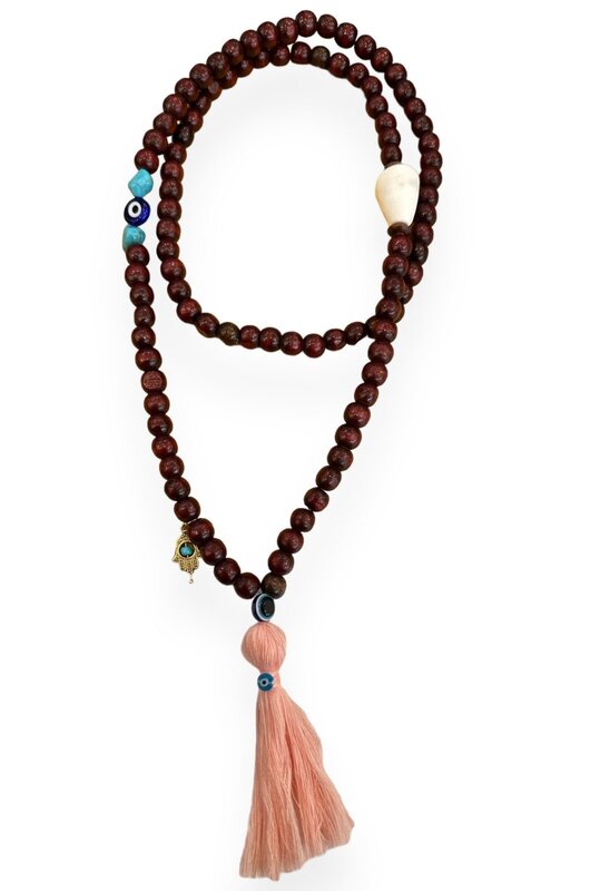 BY RAFAH Brown Prayer Beads with Evil Eye and Baby Pink Tassel