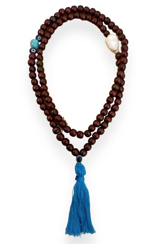 BY RAFAH Brown Prayer Beads with Evil Eye and Blue Tassel