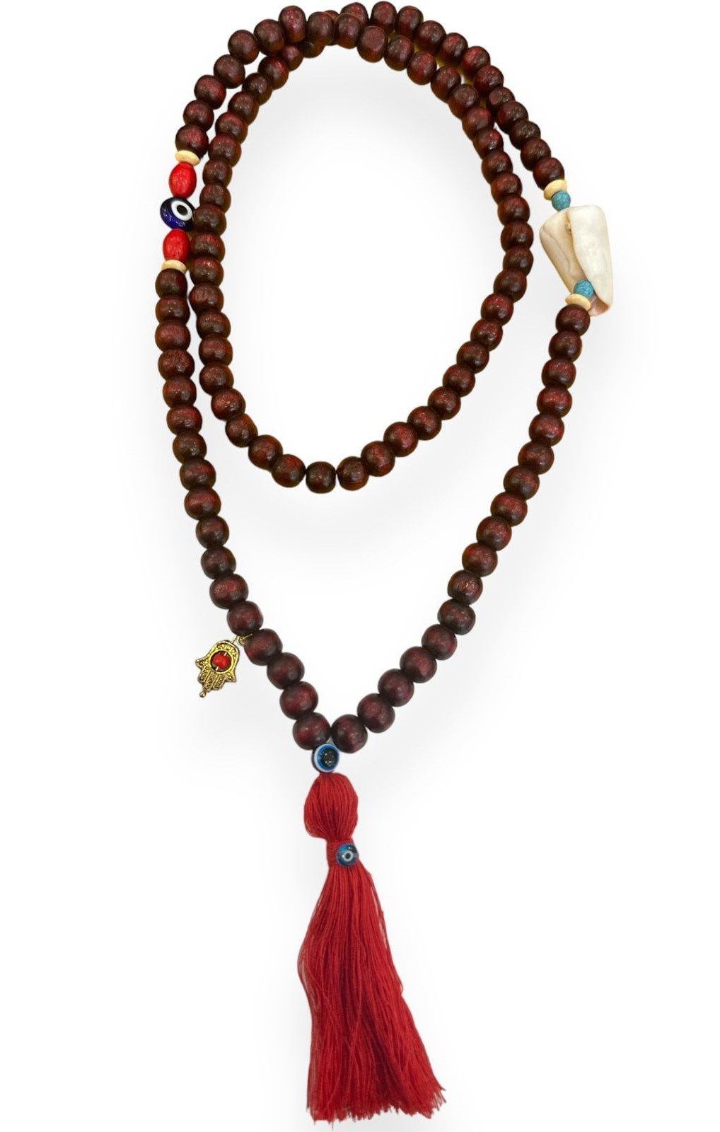 BY RAFAH Brown Prayer Beads with Evil Eye and Red Tassel