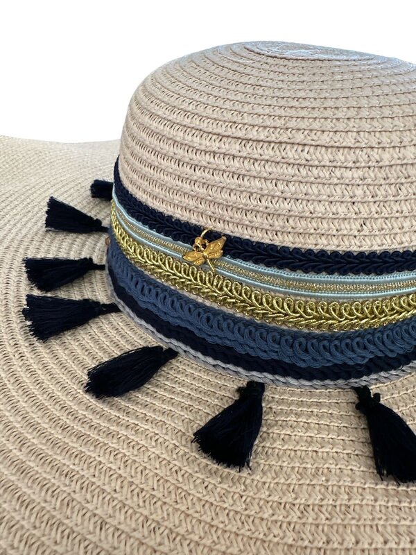 NOOR ALSABER ART Large Summer Hat with Blue, Gold Details and Black Tassels