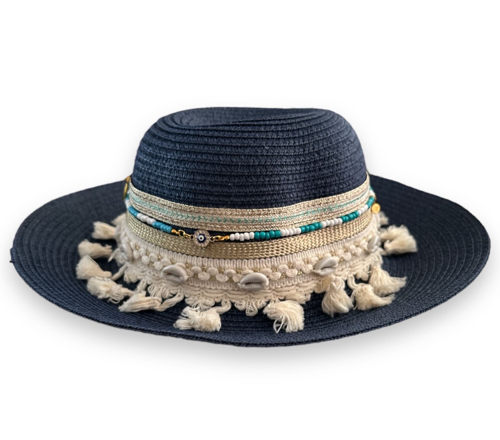 NOOR ALSABER ART Navy Blue Summer Hat with Beige and Blue Beads and Tassels