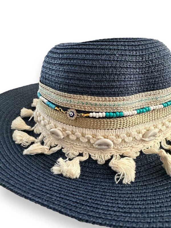 NOOR ALSABER ART Navy Blue Summer Hat with Beige and Blue Beads and Tassels