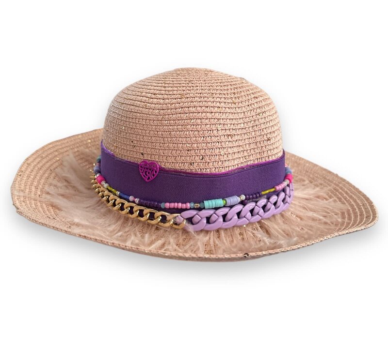 NOOR ALSABER ART Beige Summer Hat with Purple Details and Feathers