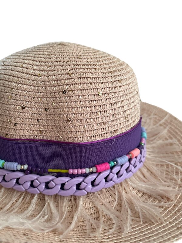 NOOR ALSABER ART Beige Summer Hat with Purple Details and Feathers