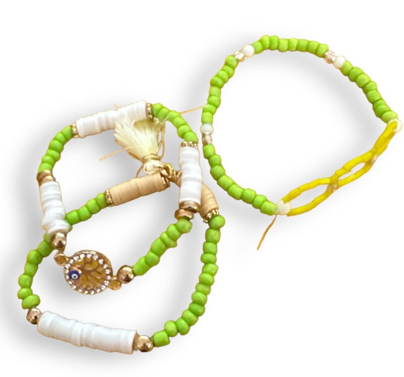 NOOR ALSABER ART Lime Green and White Beaded Bracelets - Set of 3