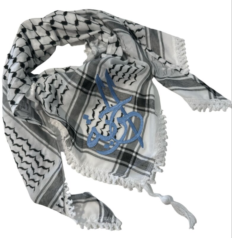 MIX & MATCH HANDICRAFTS Black and White Keffiyeh Scarf with Blue Embroidered "Freedom"