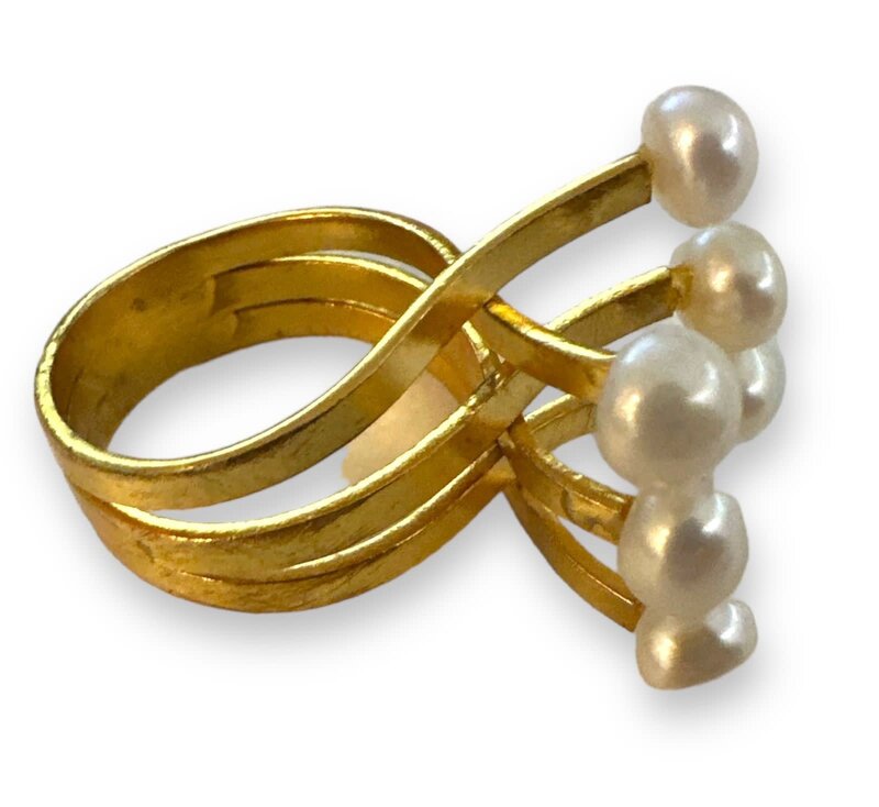 BY RAFAH 3 Line Gold Plated Ring with Pearls