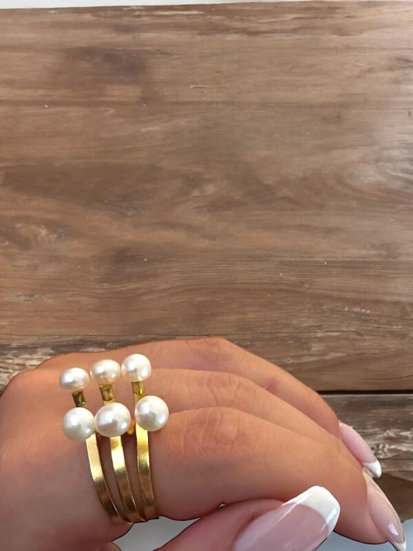 BY RAFAH 3 Line Gold Plated Ring with Pearls