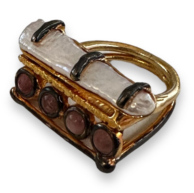 BY RAFAH Two Lines Gold Plated Ring with Pearls and Amethyst