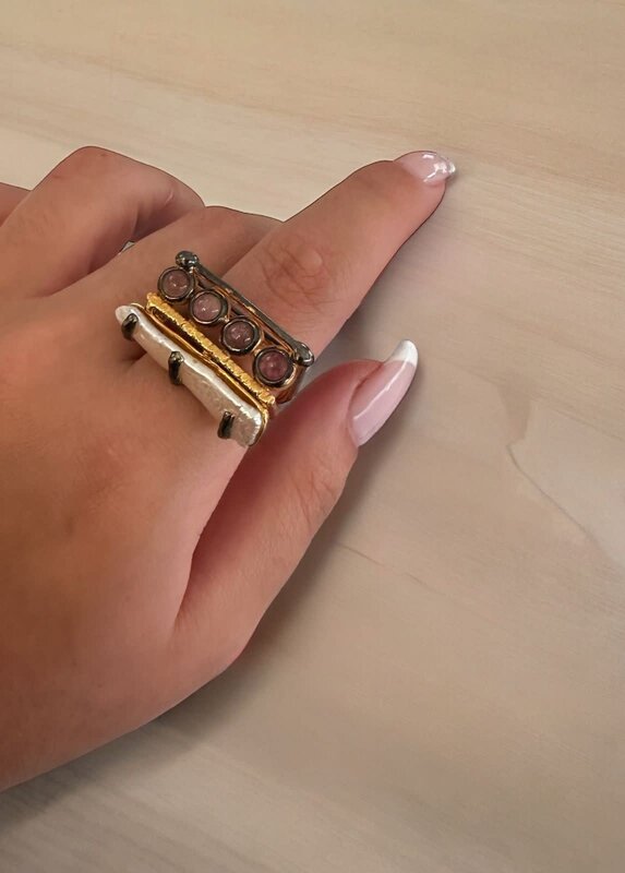 BY RAFAH Two Lines Gold Plated Ring with Pearls and Amethyst