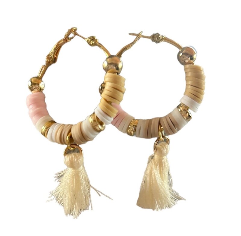 NOOR ALSABER ART Baby Pink Hoop Earrings with White Tassels