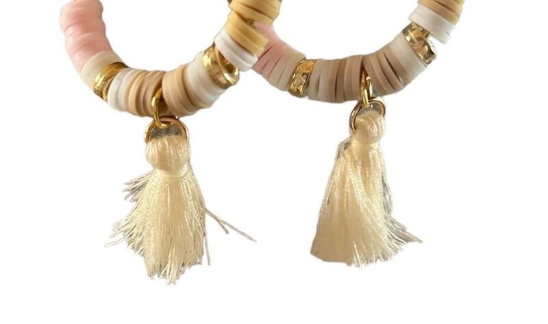 NOOR ALSABER ART Baby Pink Hoop Earrings with White Tassels