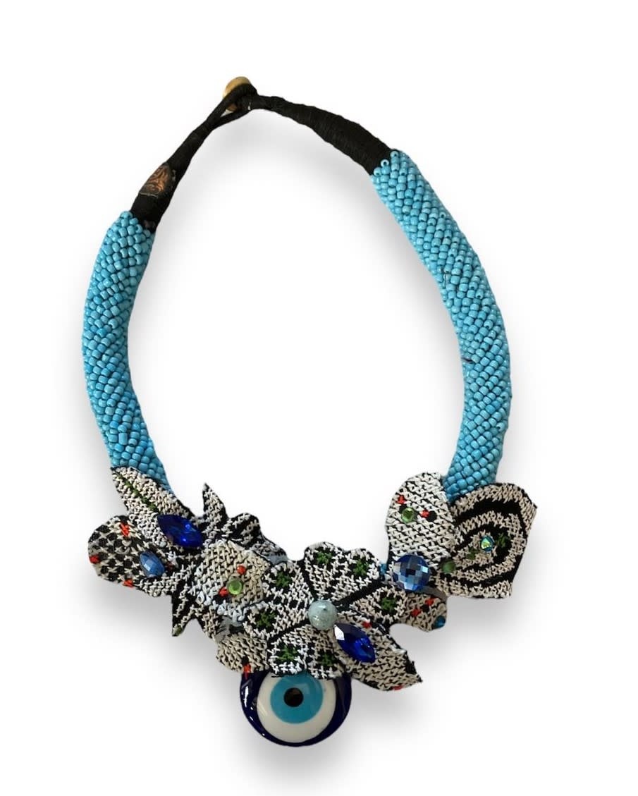 MAY KHOURY vintage Palestinian embroidery with blue beads Necklace and blue eye pendant