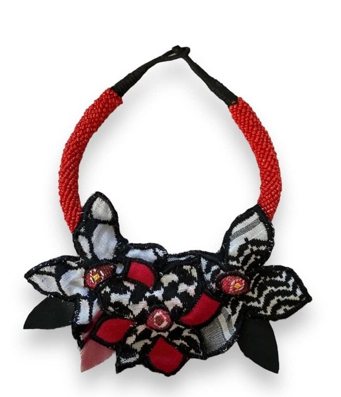 MAY KHOURY vintage Palestinian embroidery Necklace with red beads