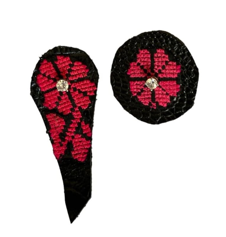 MAY KHOURY black leather with vintage fuchsia Palestinian embroidery and zircon stone Earings