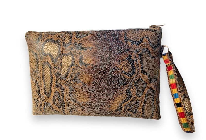 MAY KHOURY snake design clutch bag with red rose and vintage Palestinian embroidery