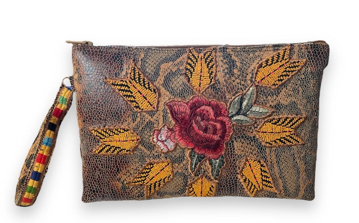 MAY KHOURY snake design clutch bag with red rose and vintage Palestinian embroidery