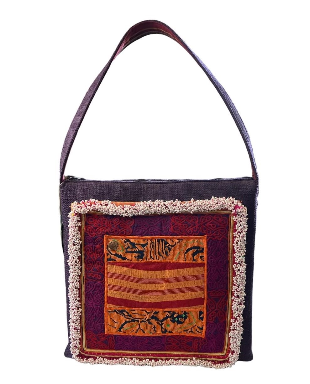 MAY KHOURY dark purple Handbag with vintage Palestinian embroidery