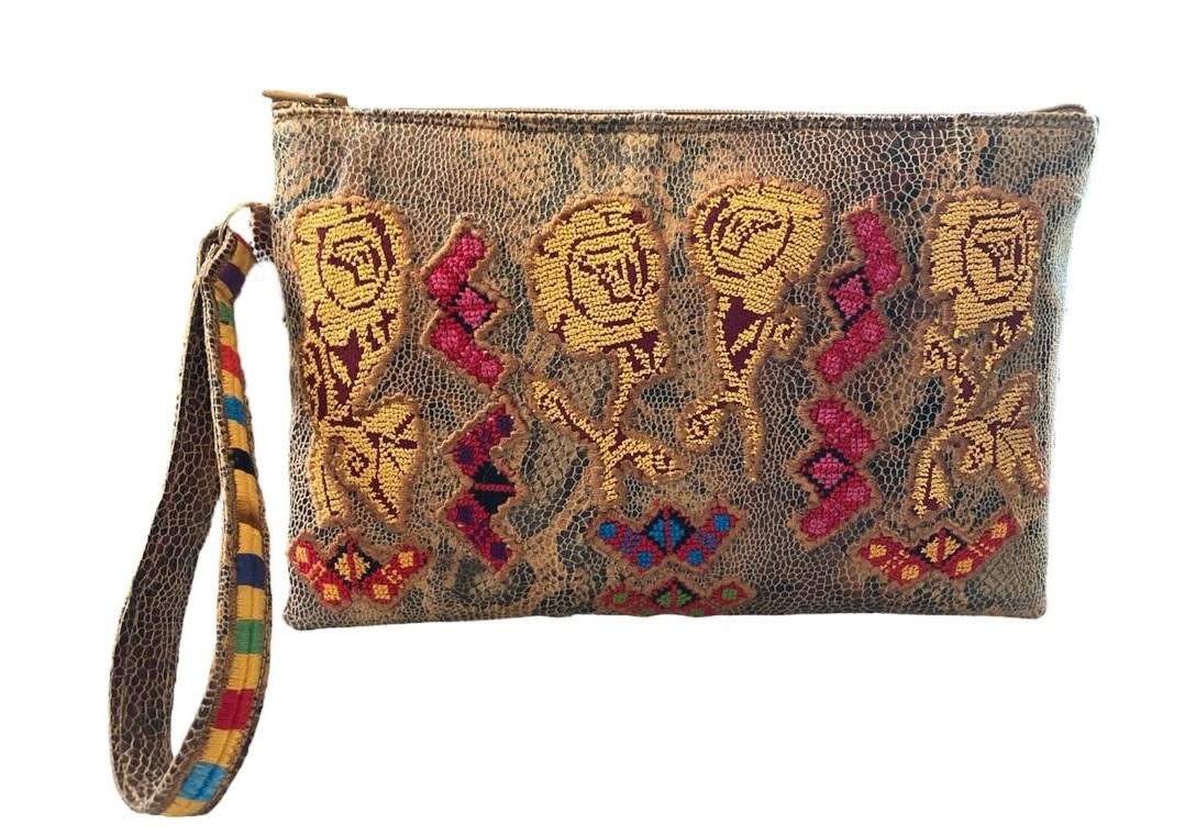 MAY KHOURY snake design with yellow flowers vintage Palestinian embroidery Clutch bag