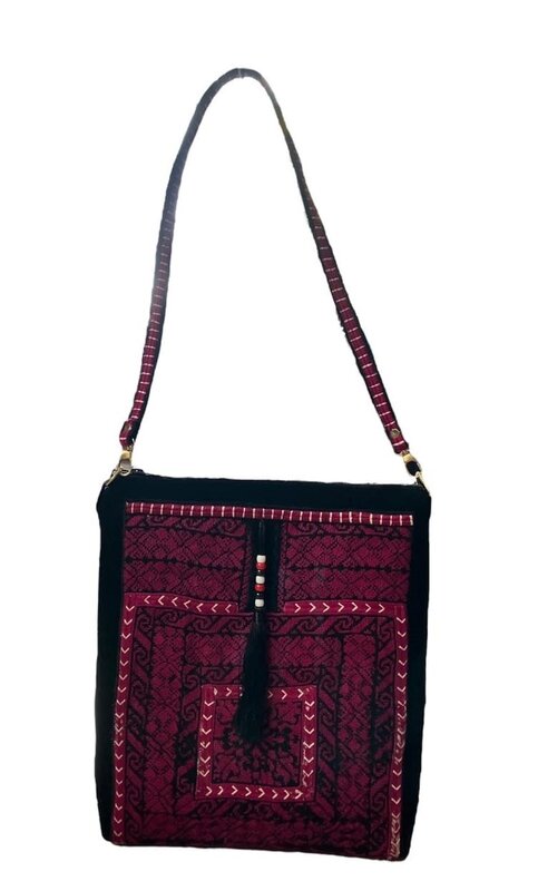 MAY KHOURY black velvet with burgundy vintage Palestinian embroidery Hand Bag