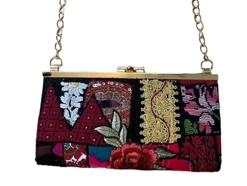 MAY KHOURY Vintage Palestinian patch work with golden chain Handbag