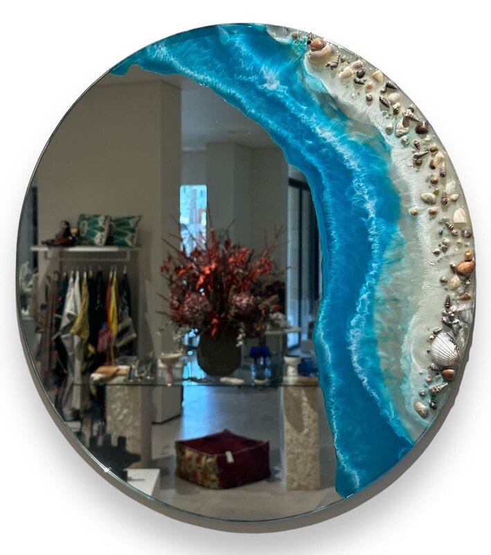 NOOR ALSABER ART Resin Ocean Waves Round Mirror with Seashells