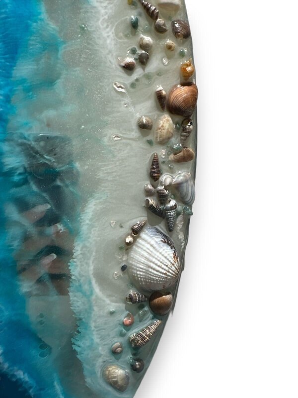 NOOR ALSABER ART Resin Ocean Waves Round Mirror with Seashells