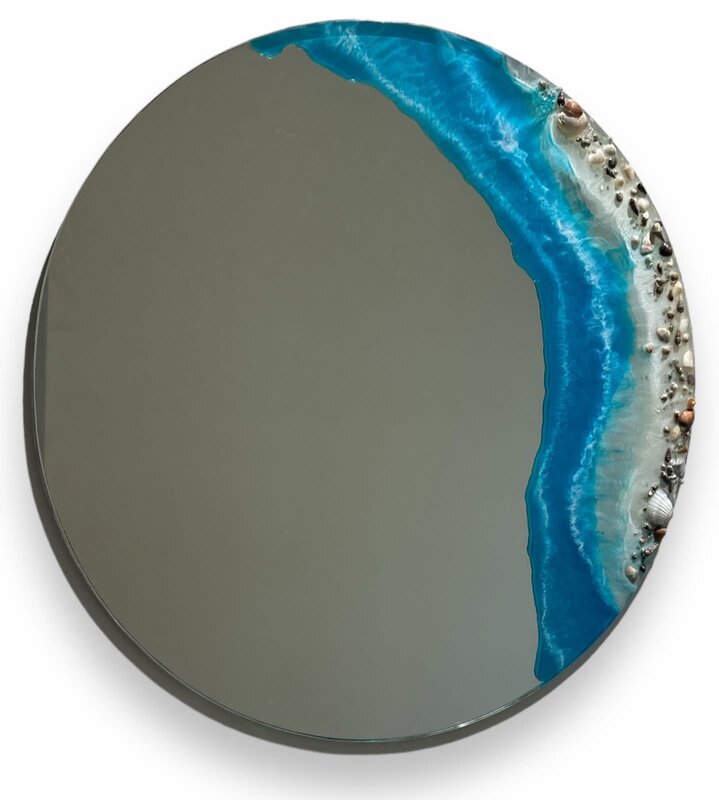 NOOR ALSABER ART Resin Ocean Waves Round Mirror with Seashells