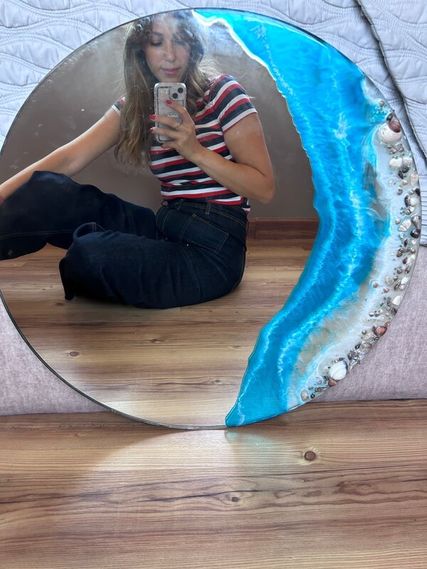 NOOR ALSABER ART Resin Ocean Waves Round Mirror with Seashells