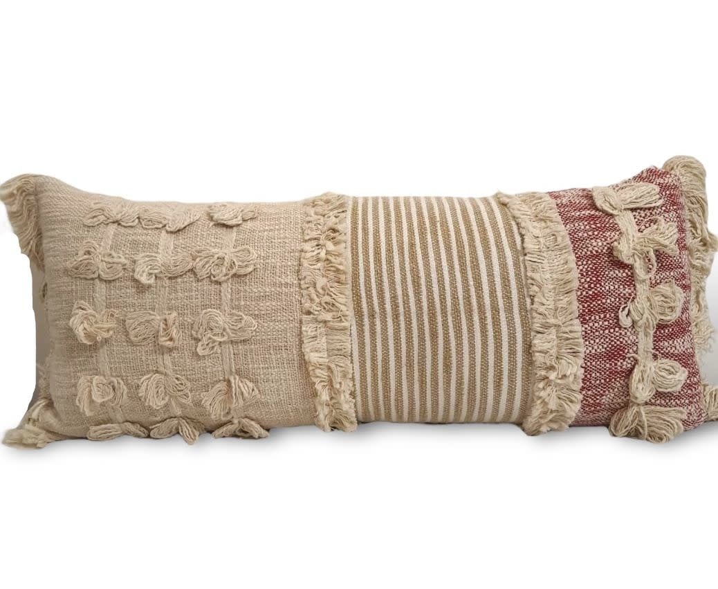 REVIVE HOME DESIGNS Pink Striped and Fringed Lumbar Cushion 70X30