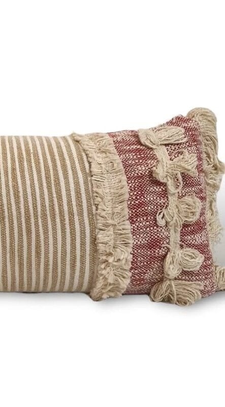 REVIVE HOME DESIGNS Pink Striped and Fringed Lumbar Cushion 70X30